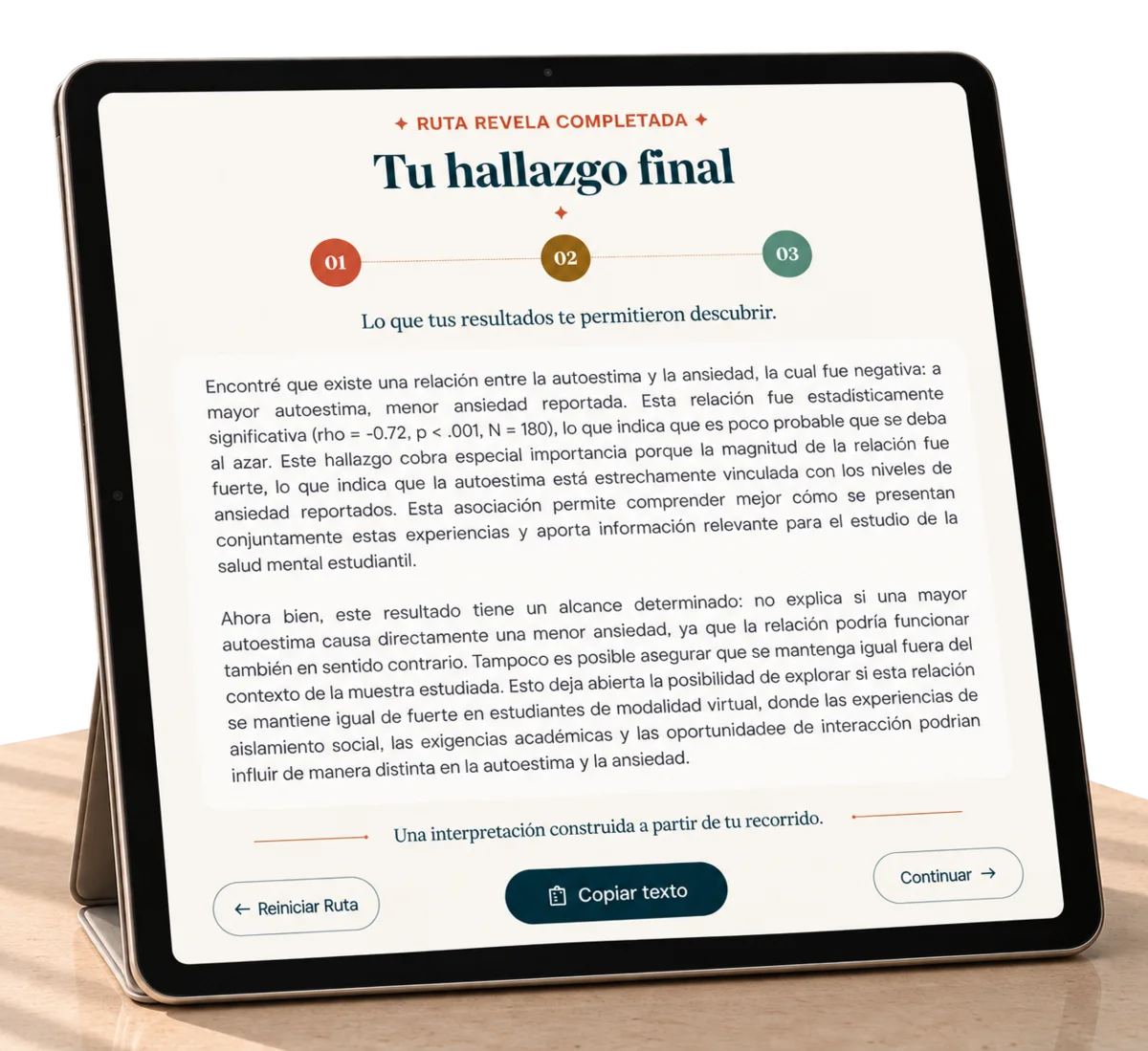 Tablet con el hallazgo final de la Ruta REVELA y una interpretación estadística lista para usar.