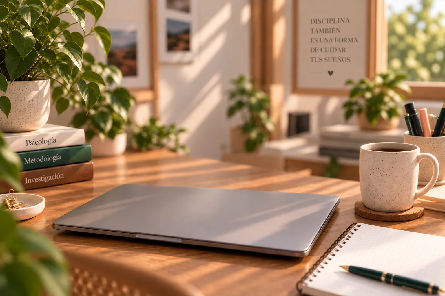 El mismo escritorio del inicio, ahora con la laptop cerrada, una taza de café y un cuaderno con lapicera, bajo luz cálida de tarde.