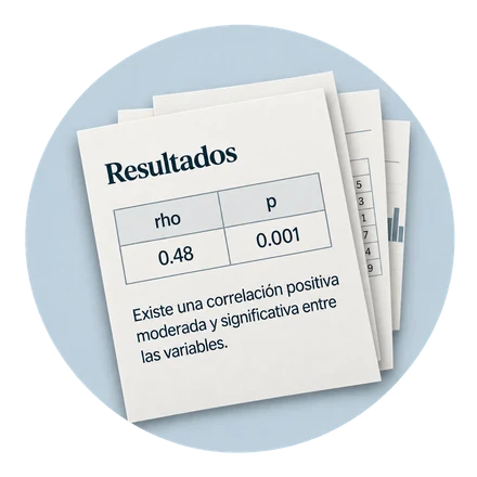 Hojas de resultados con una tabla de rho y p, y su interpretación escrita debajo.